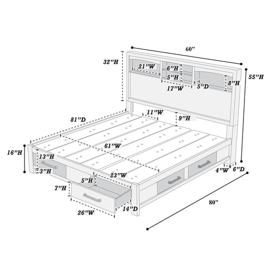 Transitional Bed With Smooth Gliding Drawers, Built In Lights, Open Headboard Shelves