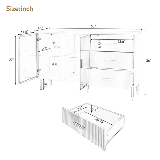 Modern Sideboard Buffet Cabinet Marble Sticker Tabletop And Amber- Tempered Glass Doors With Metal Legs & Handles