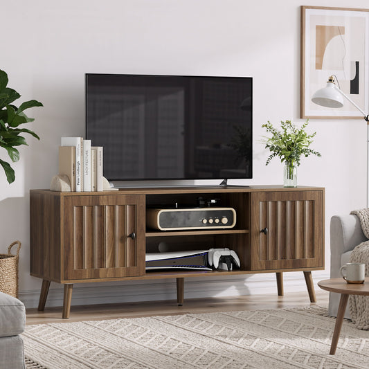 55" TV Cabinet With Vertical Groove Doors, Adjustable Shelves - Walnut