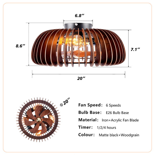 Semicircle Flush Mount Fan Light, (No Included Bulbs) And Remote Control, 6 Speeds, Quiet DC Motor For Living Room - Wood