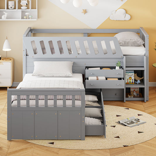 Loft Platform Bed With 7 Drawers And Full Guardrails, Modern L Shaped Space Savin