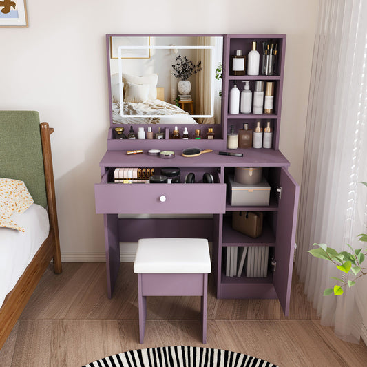 Vanity Desk Set With Padded Stool & Adjustable LED Mirror, 3 Color Mode Lighting, Compact For Bedroom - Purple