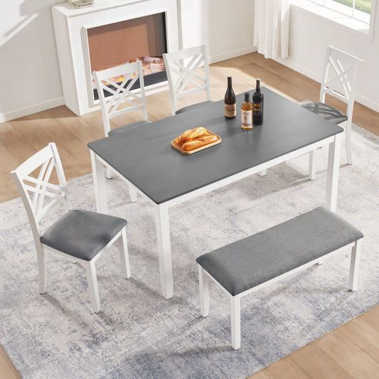 6 Piece Kitchen Dining Set, Rectangular Dining Table With 4 Upholstered Chairs And Bench - Gray / White
