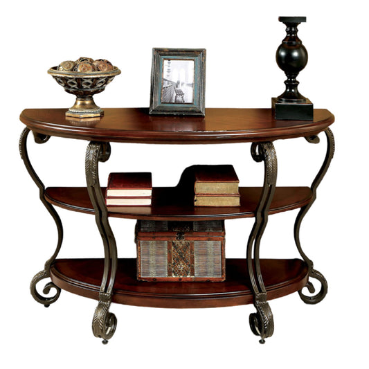 Sofa Table With Open Bottom Shelf And Ornate Scroll Detail Legs - Brown Multi