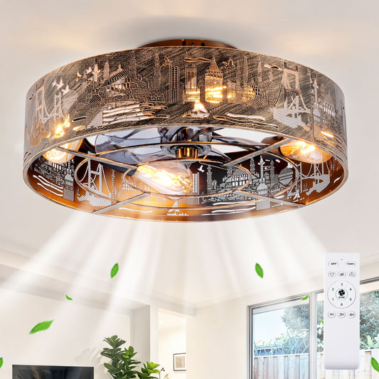 20" Iron Art Ceiling Fans With Remote, Flush Mount Ceiling Fan With 6 Speeds Reversible Motor, Not Included Bulbs - Blush / Gold / Bronze