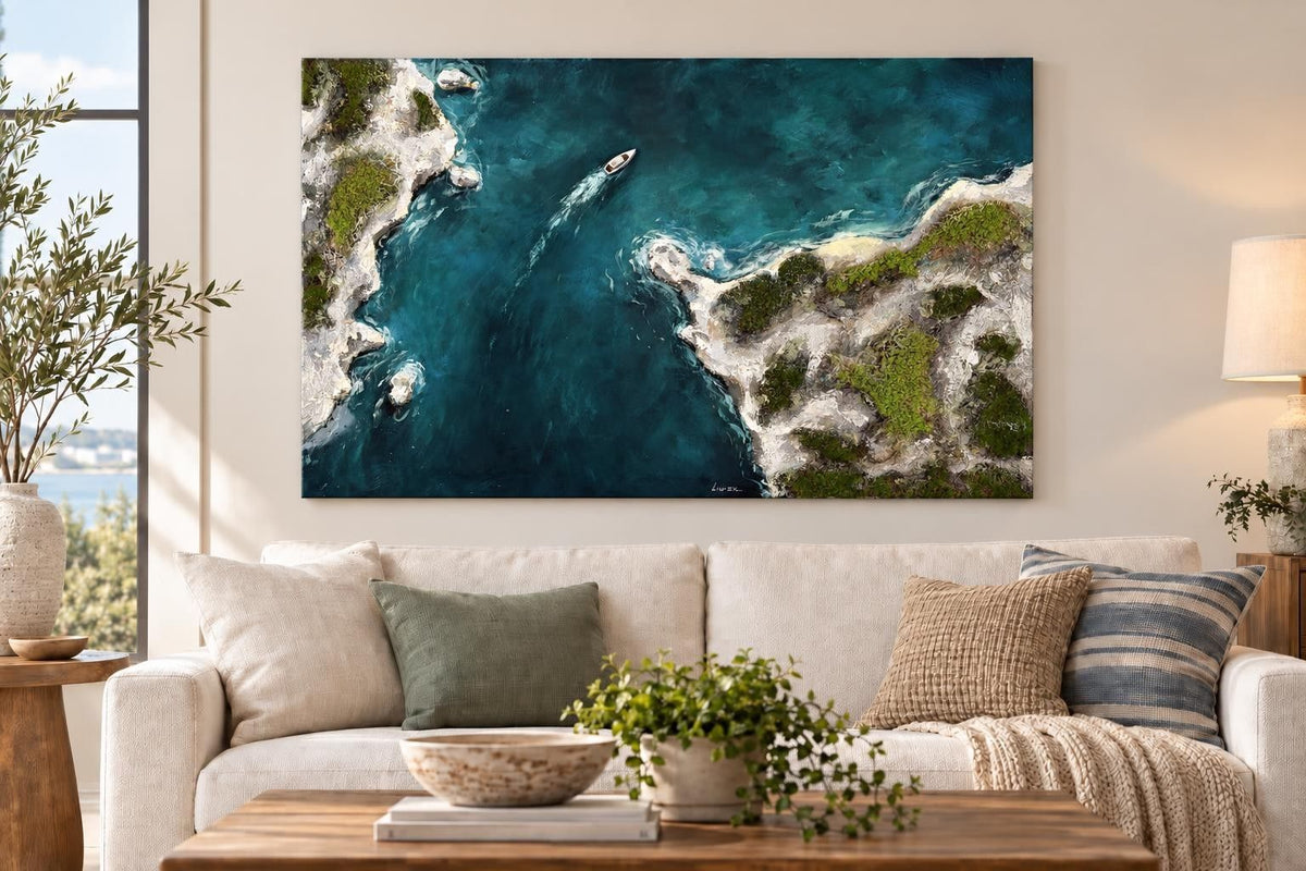 Quiet Water Passage - 48 X 32 - Hand-Painted Wrapped Canvas With Faux Moss - Teal