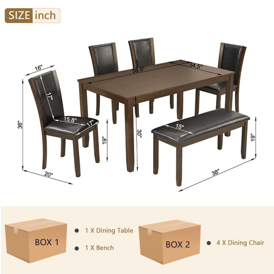 6 Piece Dining Table Set & Bench And Chairs For Dining Room - Dark Walnut