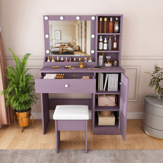 Vanity Desk Set With Padded Stool And Adjustable LED Mirror, 3 Color Light Modes - Purple