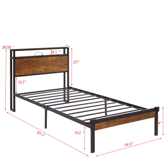 Twin Size Platform Bed Frame, LED Lights With Remote Control, USB Charging Port, Large Under Bed Storage - Black / Brown