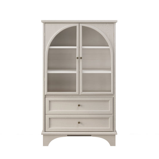Glass Door Display Case With 2 Drawers And Adjustable Shelf