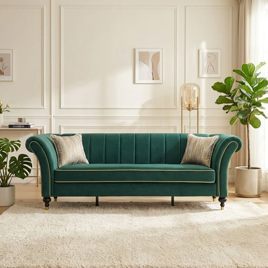 3 Seater Sofa With Rolled Arms, Vertical Channel Tufted Backrest