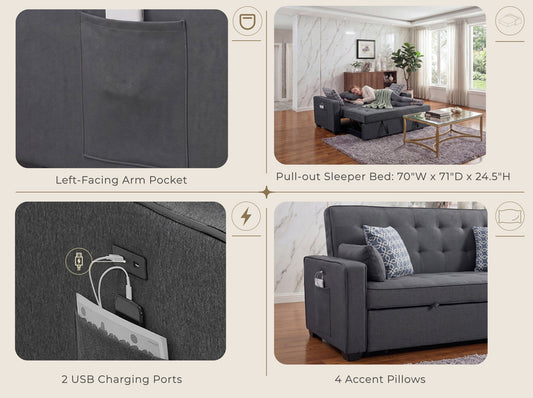 William - Sleeper Sofa With 2 USB Charging Ports And 4 Accent Pillows - Gray