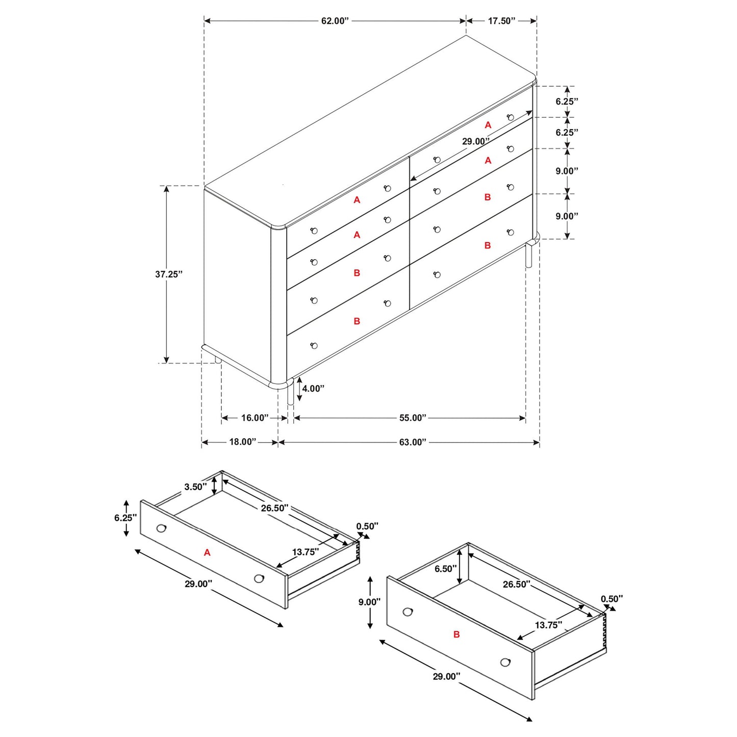Anser - 8 Drawer Dresser - Black