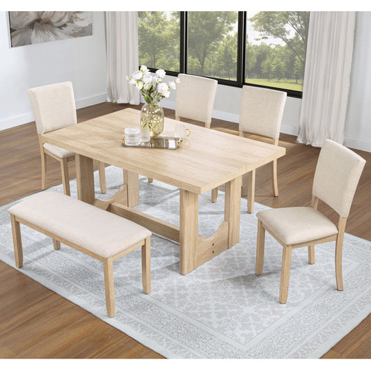 6 Piece Rectangular Kitchen Table Set With Bench And 4 Upholstered Chairs For Kitchen - Light Oak