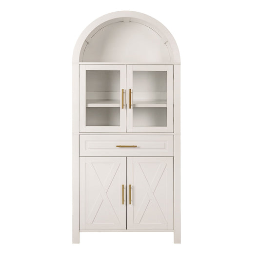 Arched Kitchen Pantry Cabinet With Adjustable Shelves & Barn Door Design