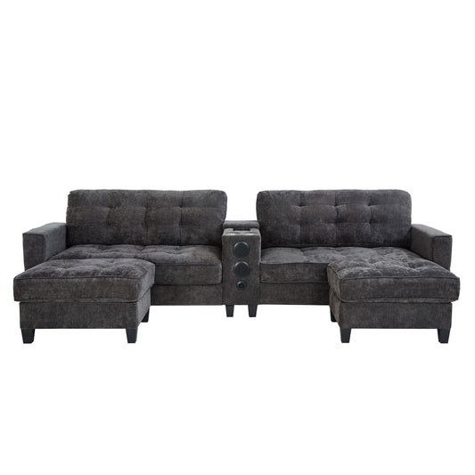 Modern Sectional Sofa U-Shaped With Movable Ottomans, Bluetooth Speakers, LED Lights And Modular Storage
