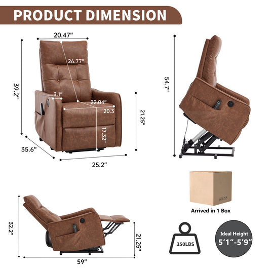Single Motor Power Lift Recliner Chair With Massage And Heat, USB For Charging - Brown