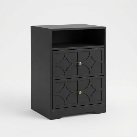 Nightstand With Diamond Carvings Handles, 2 Drawers & Charging Station