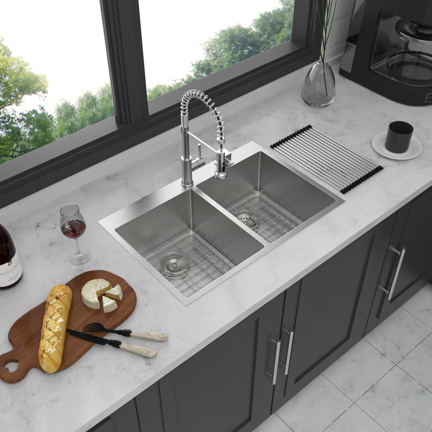 Modern Farmhouse Double Bowl Drop In Sink With 50 / 50 Split Design Stainless Steel - Brushed Nickel