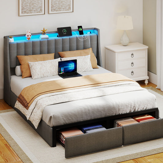Upholstered Platform Bed Frame With RGB LED Lights, Charging Station & 2 Underbed Drawers
