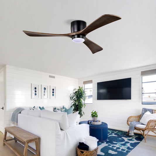 Flush Mount Blades Ceiling Fan With Lights Remote Control, Quiet DC Motor, 6 Speed, Reversible Ceiling Fan For Living Room - Matte Black