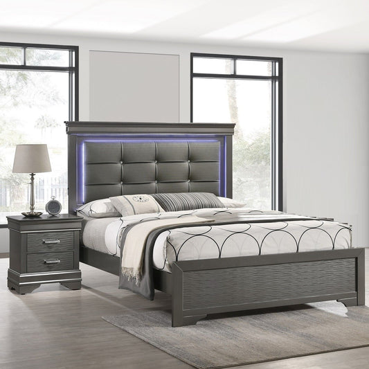 Bed With Square Button Tufting And LED Lights