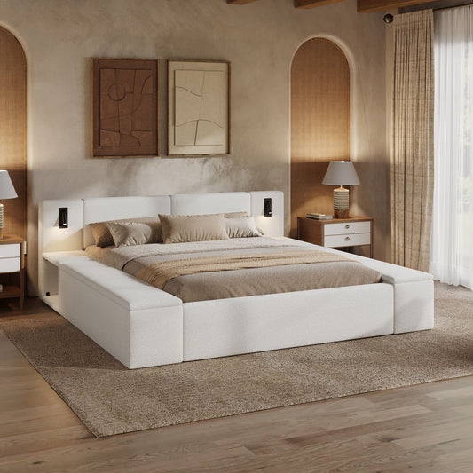 Upholstered Platform Bed Frame With Hidden Storage, Built-In Nightstands & LED Reading Lights