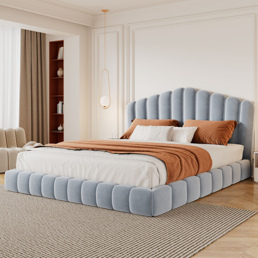 Queen Upholstered Bed Frame With Shell Shaped Headboard - Light Blue - Light Blue