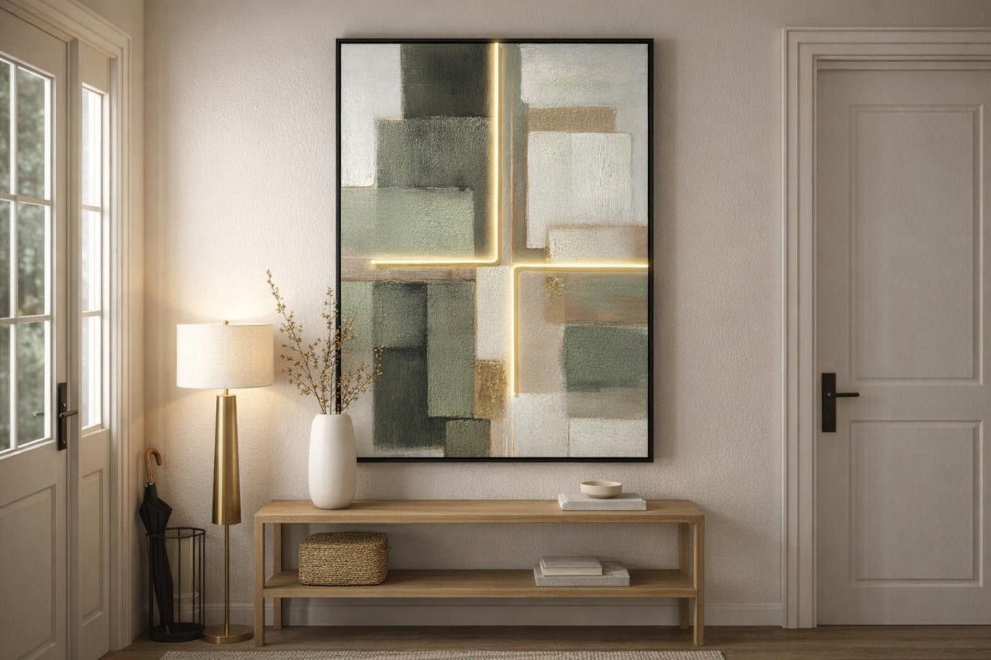 Luminous Grid II Hand-Embellished LED Canvas In Frame - Sage / Gold