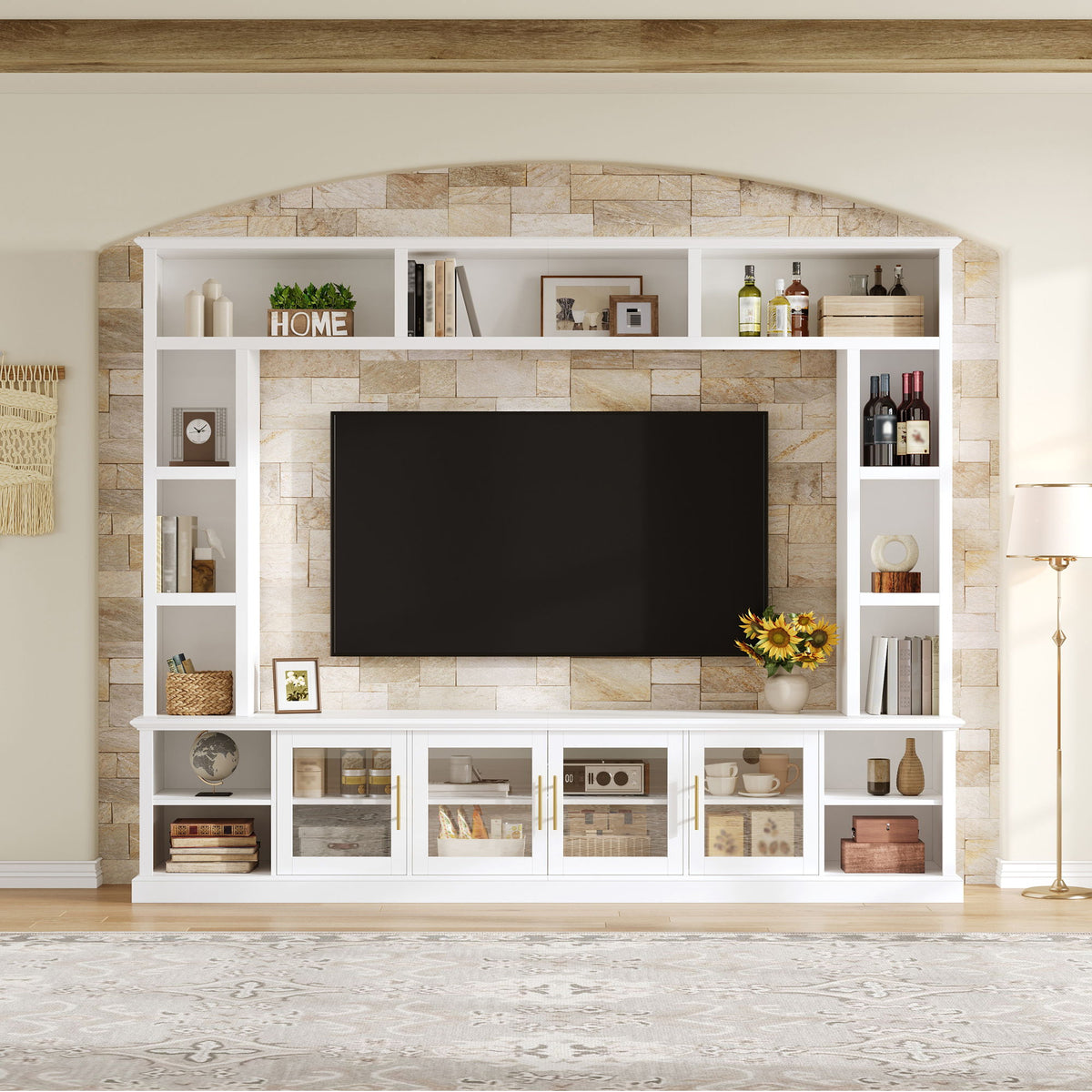 Entertainment Center With Bookshelves, TV Console Unit For Living Room, Holds TVs Up To 80" - White