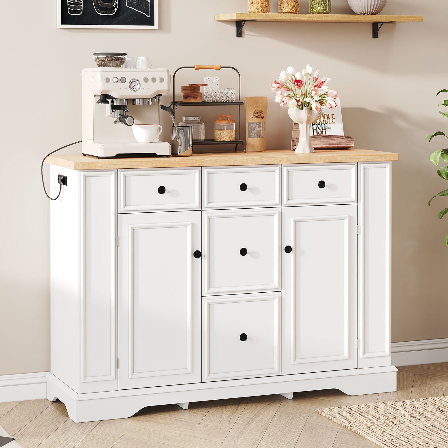 Sideboard Buffet Cabinet With 5 Drawers, 2 Cabinets, Adjustable Shelves, Kitchen Console Table For Dining Room - White
