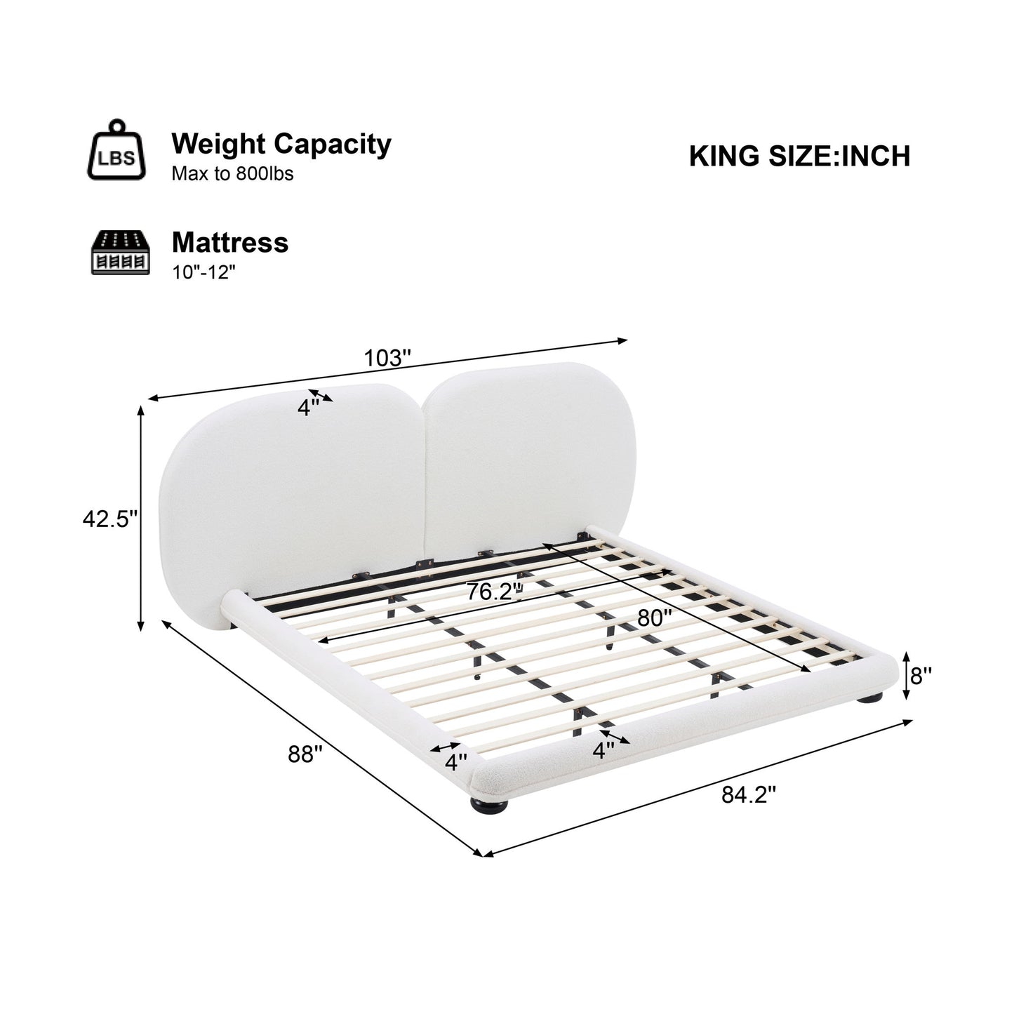 King Size Upholstered Platform Bed With Split Headboard - White