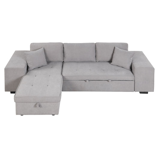 Modern L-Shape 3 Seat Reversible Sectional Couch, Pull Out Sleeper Sofa With Storage Chaise And 2 Stools For Living Room Furniture Set