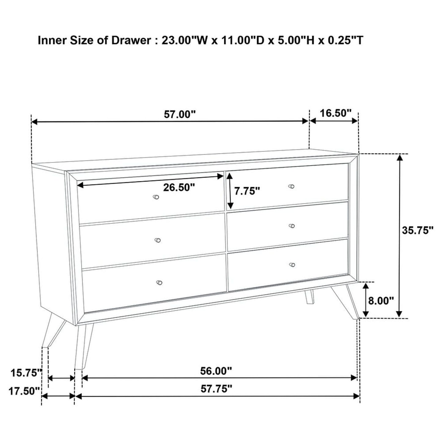 1 Piece Dresser With Angled Legs, Wave Texture And Round Knobs - White