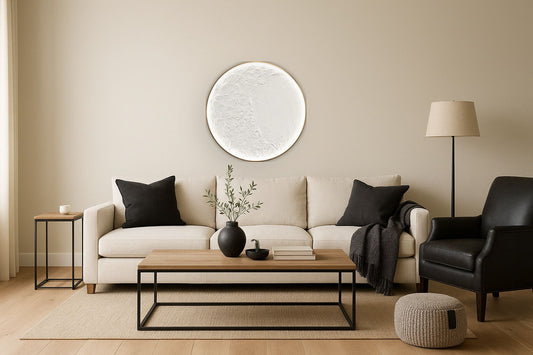 Lunar Relief Hand-Painted LED Canvas In Frame - Ivory / White