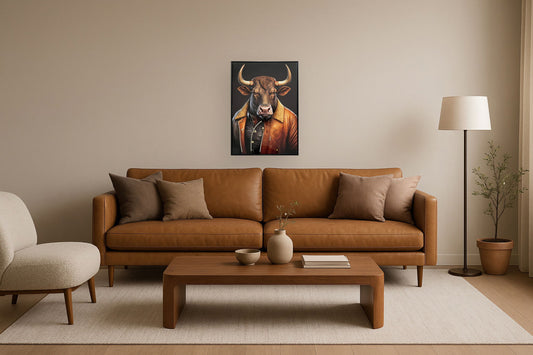 Bull in Vintage Jacket - 21" x 29" Framed Wall Art - Dark Brown