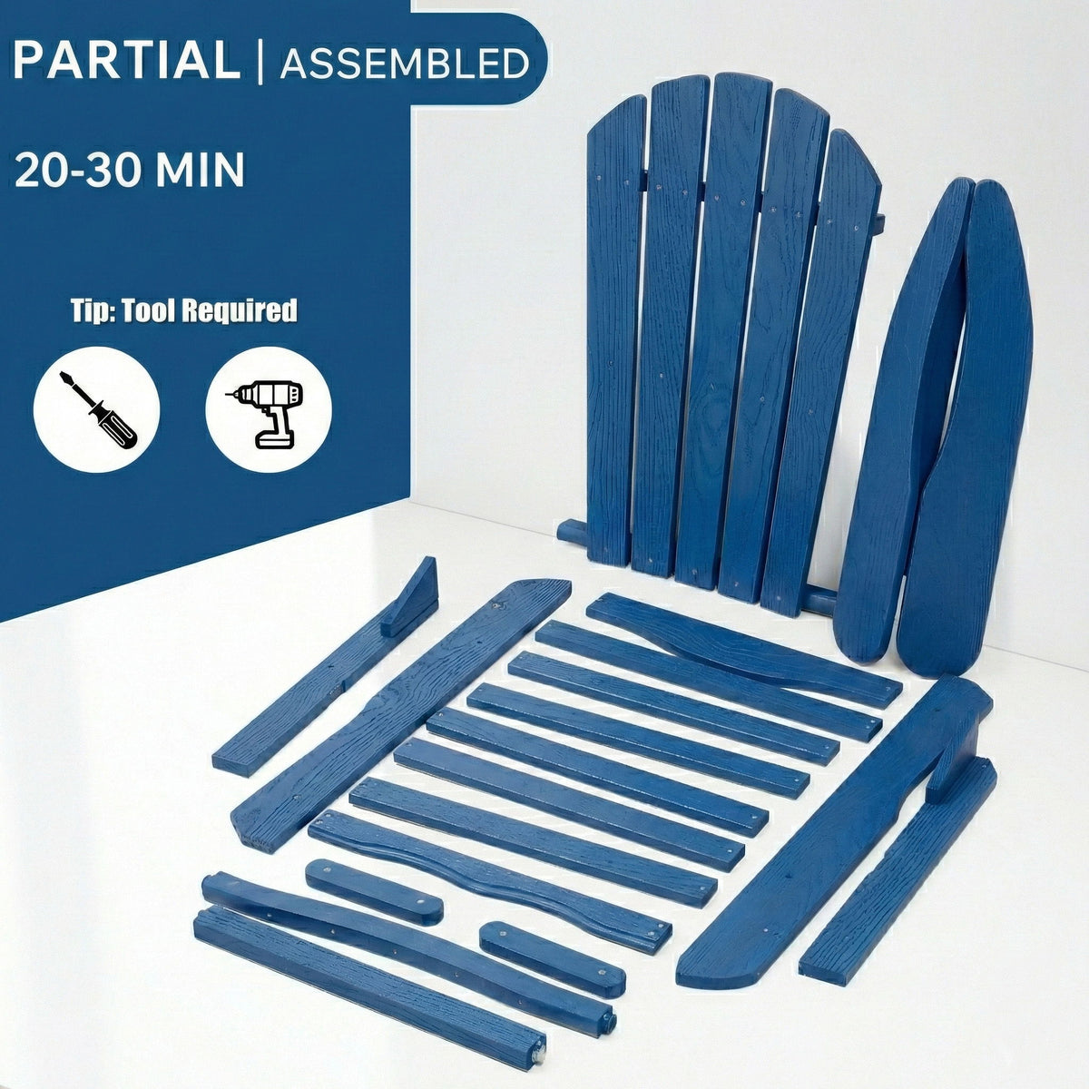 Outdoor Folding Adirondack Chair With Pre-Assembled BackRest & SeatBoard Patio - Navy Blue