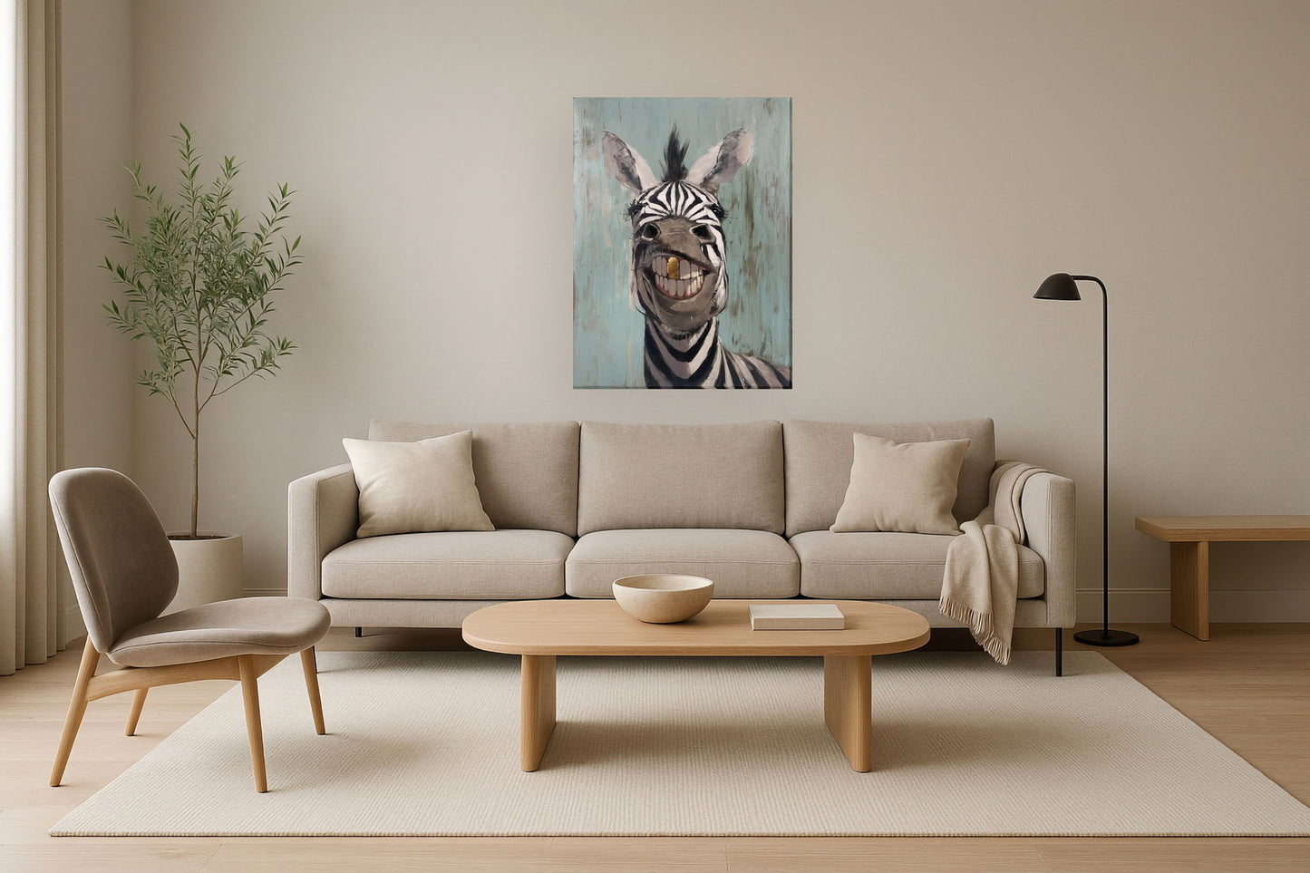 "Cheerful Stripes" Hand-Embellished Wrapped Canvas - Brown / White / Blue