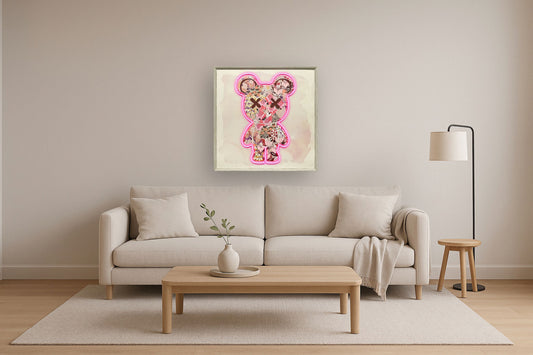 Floral Neon Bear - 33" x 33" Framed Wall Art - Pink