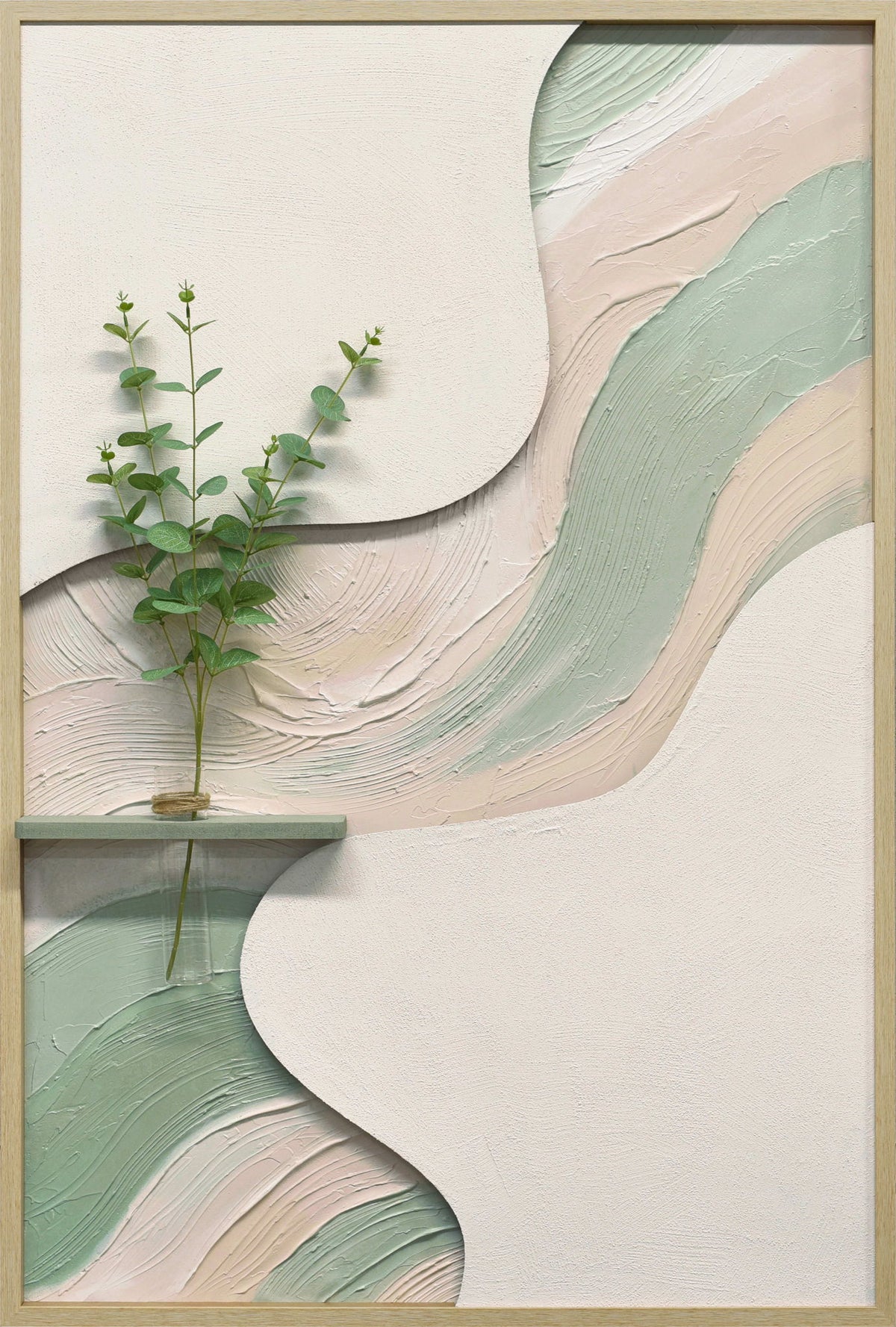 Sage Ribbon II - 33 X 48 - Hand-Painted Neon Canvas In Frame - White