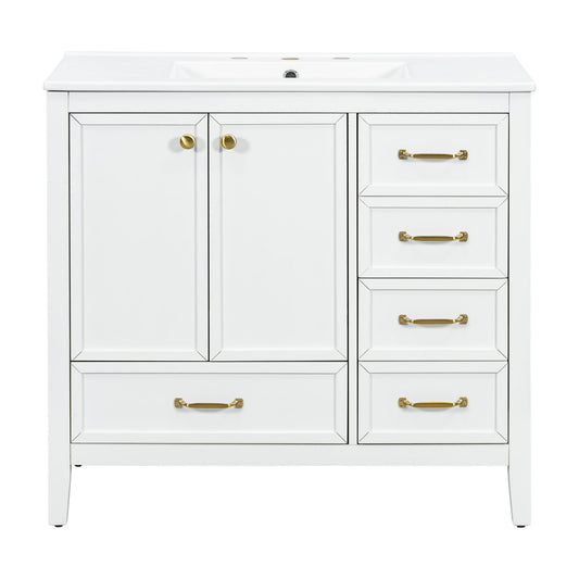 Elegant Vintage Bathroom Vanity & Sink And Soft Closing Door, 4 Drawers Of Different Sizes Frame