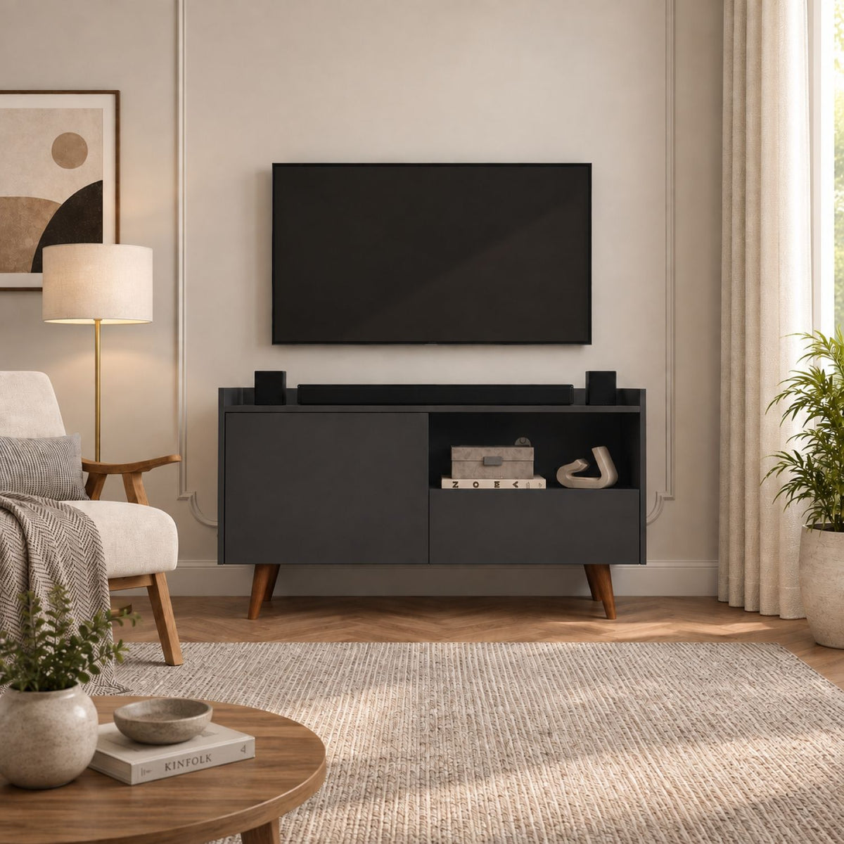TV Stand For TVs Up To 45" With Open Storage Shelf, Cable Management, 1 Door And 1 Drawer
