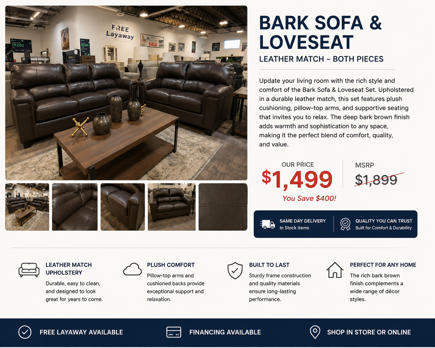 Bark Leather Match Sofa & Loveseat