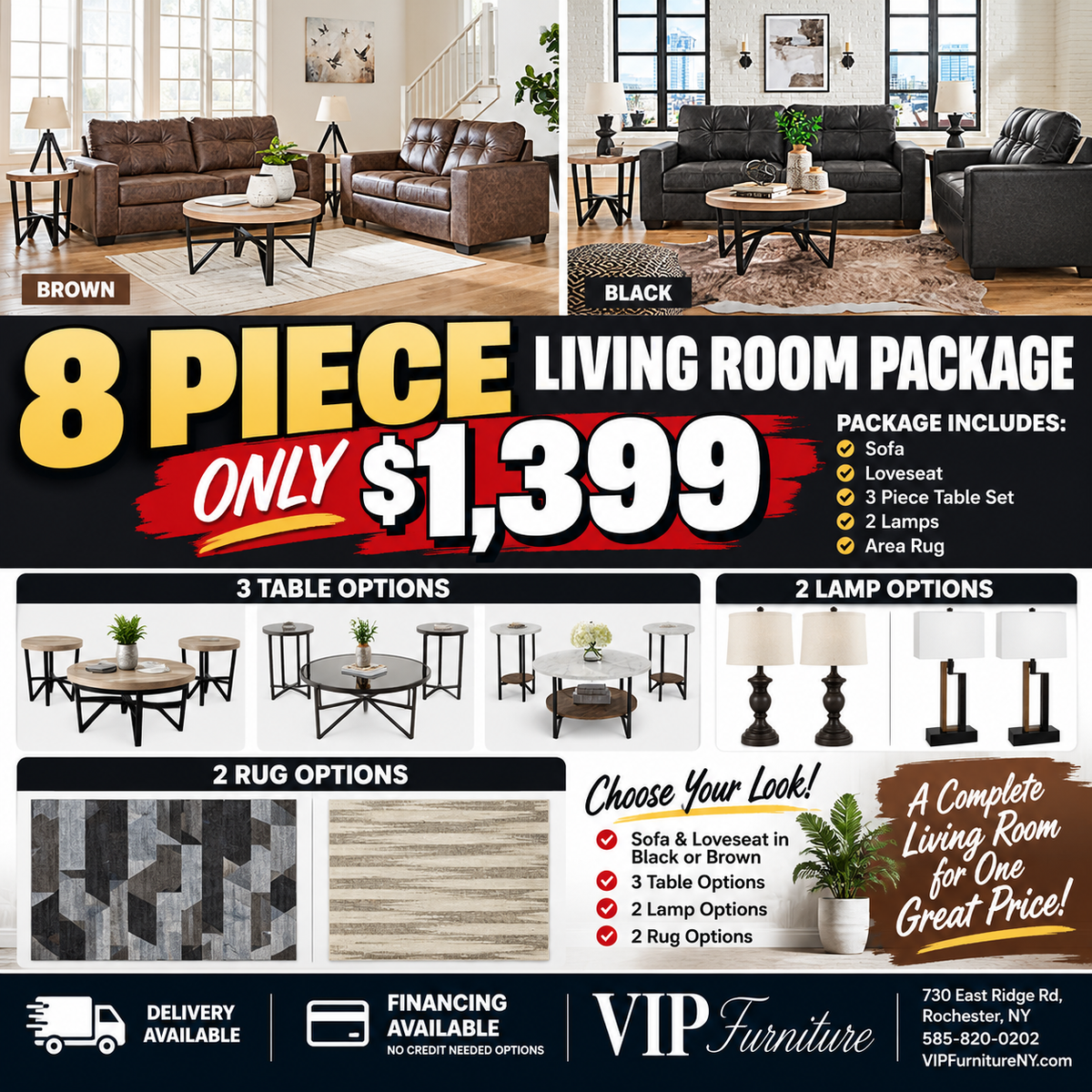 8-Piece Living Room Package – Sofa, Loveseat, Tables, Lamps & Rug – $1,399