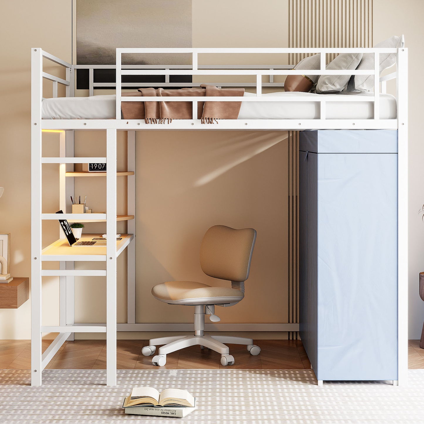 Full Size Loft Bed With Desk, Shelves, Power Outlet, LED Light And Wardrobe - White