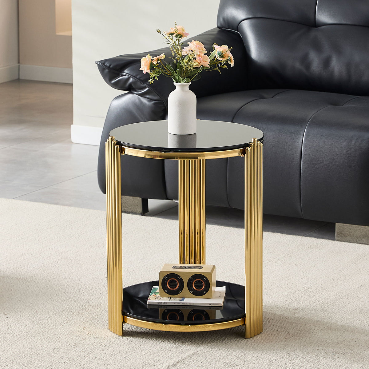 Round End Table With Double Layer - Black / Gold