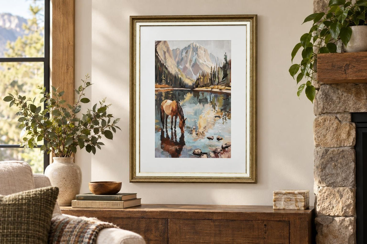 Alpine Watering I - 24 X 32 - Framed Print Under Glass - Blue, Brown, Green, Cream, Gray, White Mat, Brown Frame, Gold-Tone Frame Accents