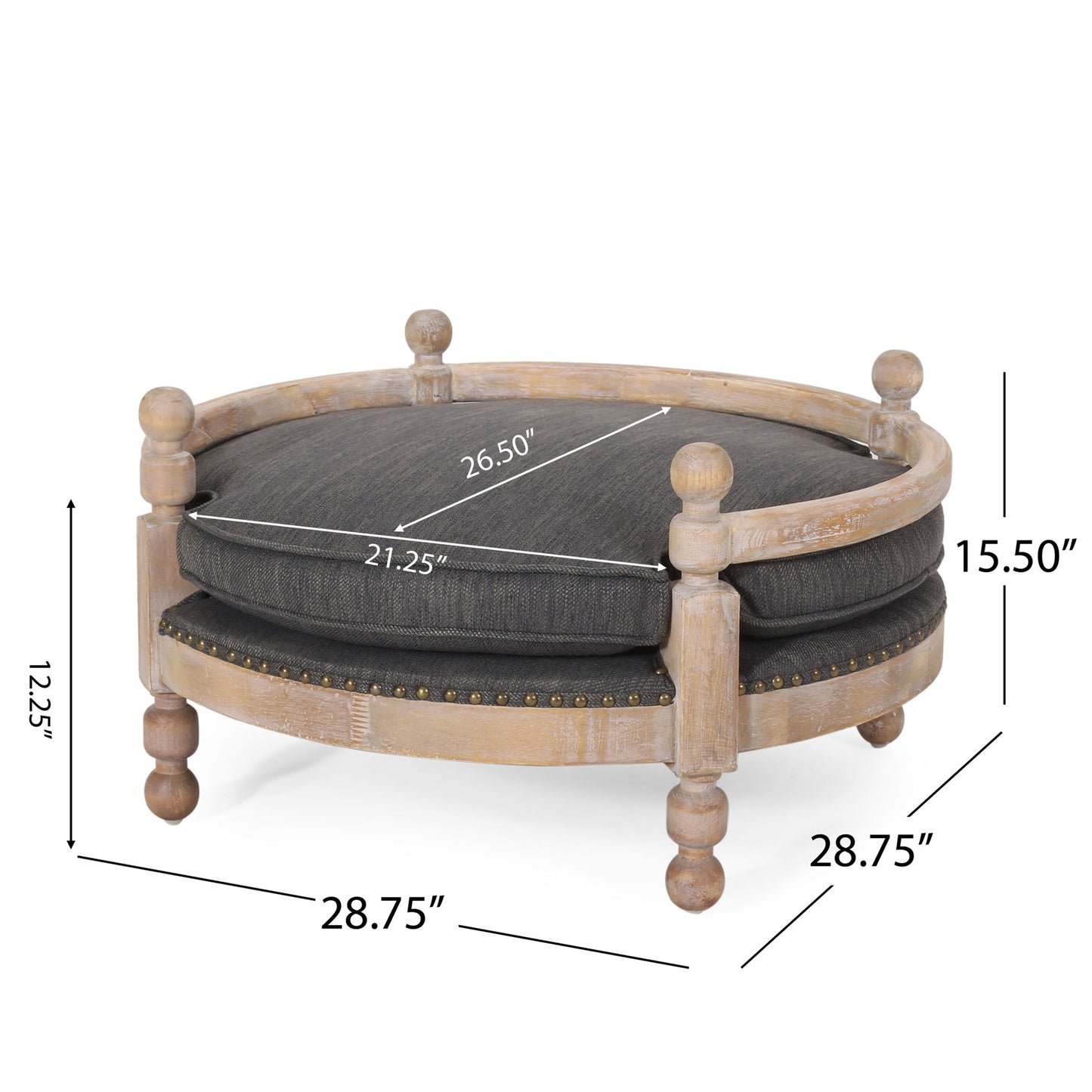 Round Pet Sofa, Wide Upholstered Pet Bed - Charcoal