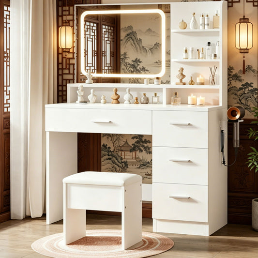 Vanity With LED Mirror And Storage Drawers For Bedrooms - Cream White