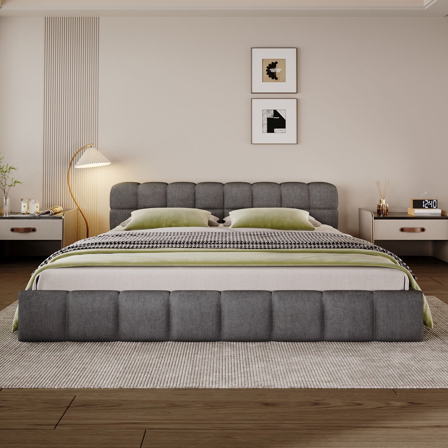 Elegant Upholstered Bed With Checkerboard Design